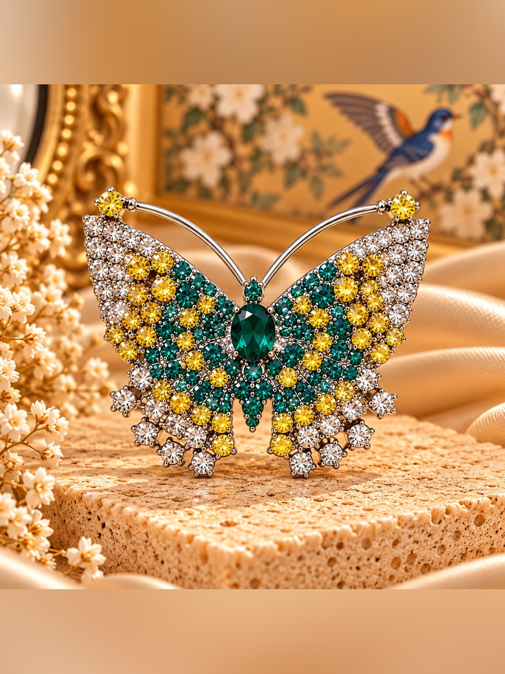 Crystal Butterfly Statement Brooch Green Yellow Rhinestone Pin Fifi’Closet